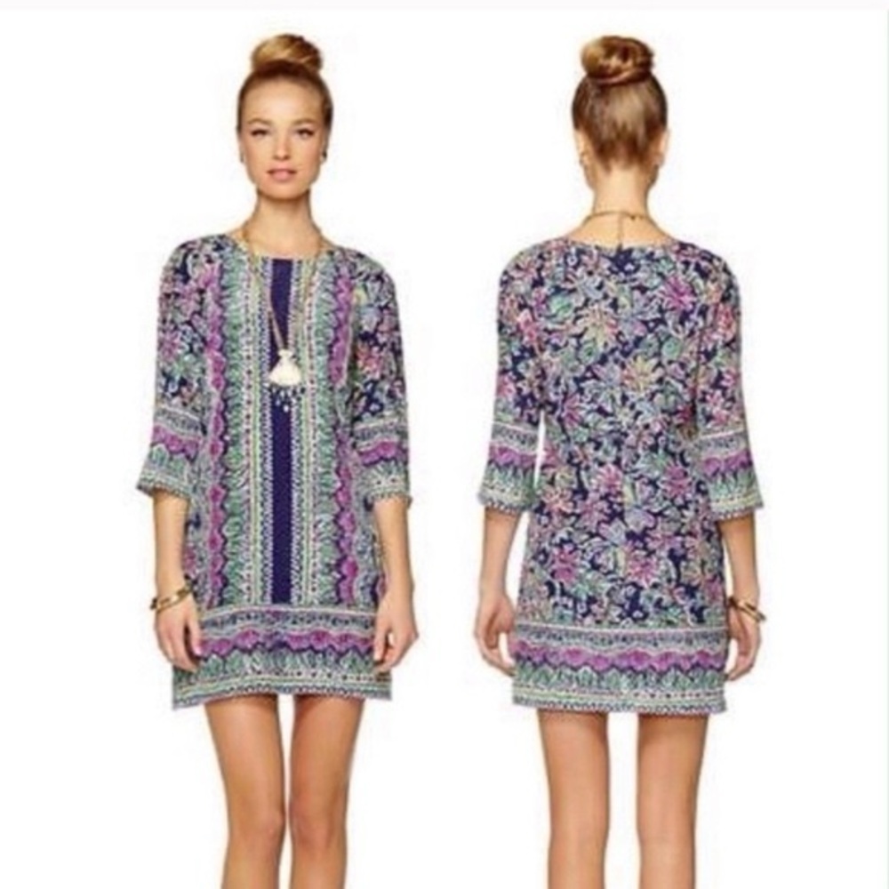 Lilly Pulitzer Rylee Not Too Catty Shift Dress 100% Silk 3/4 Sleeve Lined Sz‎ 2